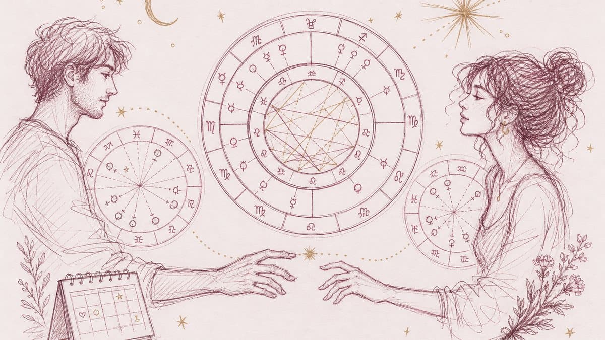 Hand-drawn pair with birth dates becoming natal charts that overlap as synastry