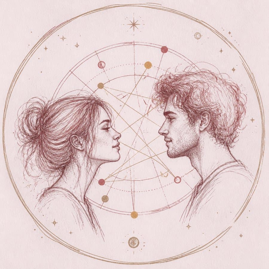 Hand-drawn couple profiles inside a score ring with a synastry wheel