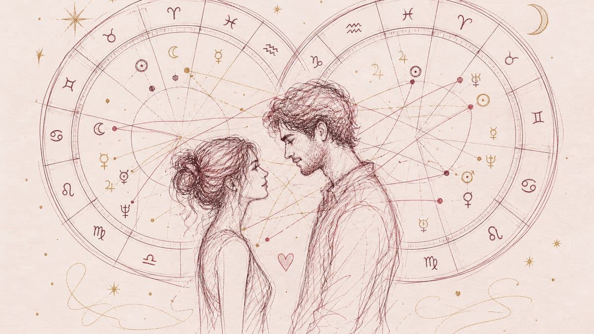 Hand-drawn couple facing each other inside overlapping synastry birth charts